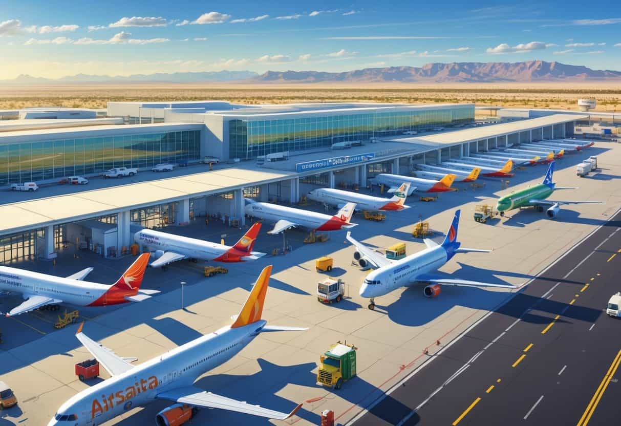 A busy airport terminal in Glendale, Arizona with multiple international airplanes parked at gates, surrounded by ground vehicles and passengers, set against a desert landscape with mountains.