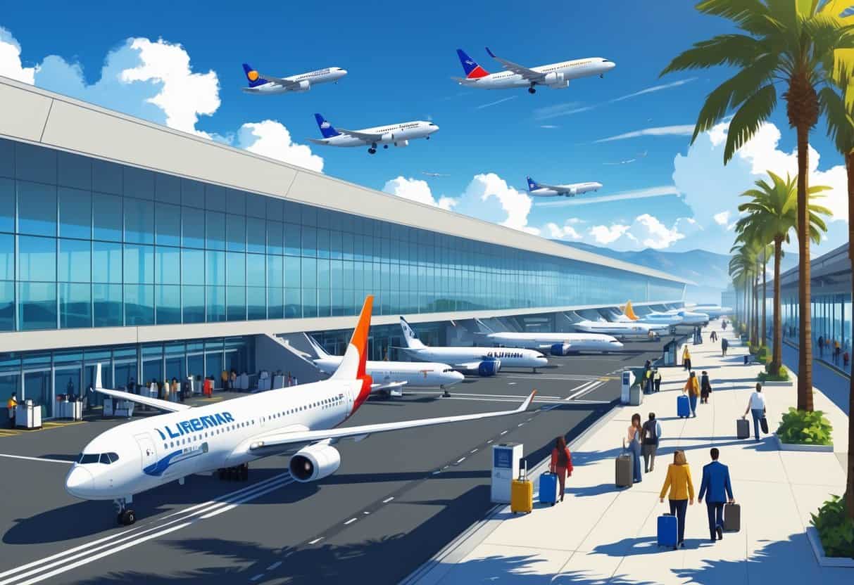 A busy international airport terminal with airplanes from different airlines parked at gates, passengers walking, and palm trees nearby under a clear sky.