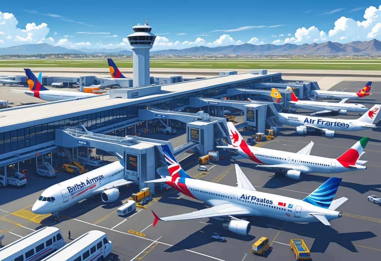 Airport terminal with several international airplanes from different airlines parked at gates, surrounded by airport vehicles and passengers.