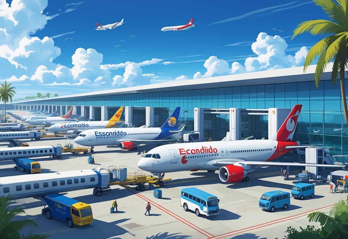 A busy international airport terminal in Escondido, California, with airplanes from various airlines parked at gates and passengers moving around.