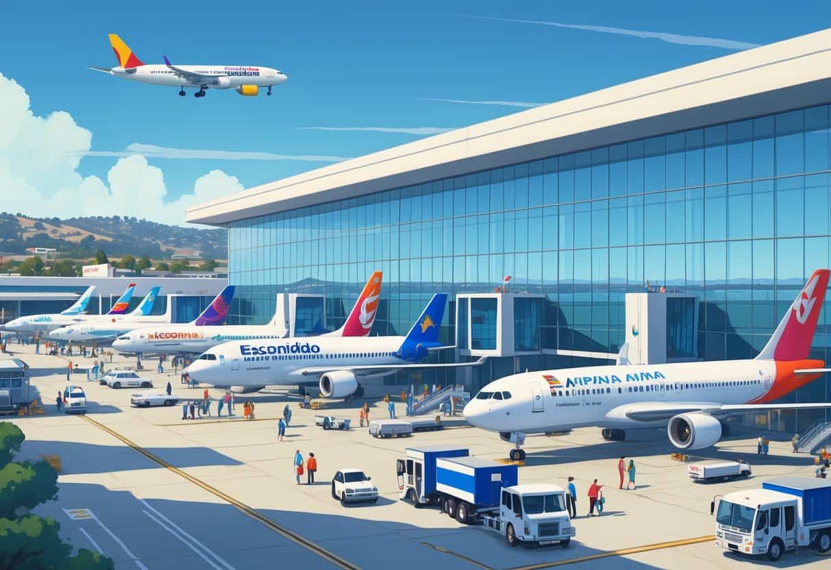 A busy international airport terminal in Escondido, California, with multiple airplanes from top global airlines parked at gates and passengers moving through the terminal.