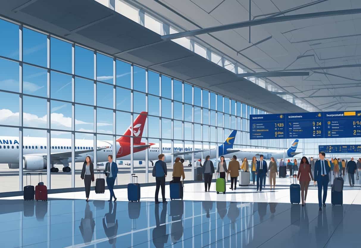 Interior view of Grand Rapids Michigan Airport international terminal with airplanes at gates and diverse passengers walking through the concourse.