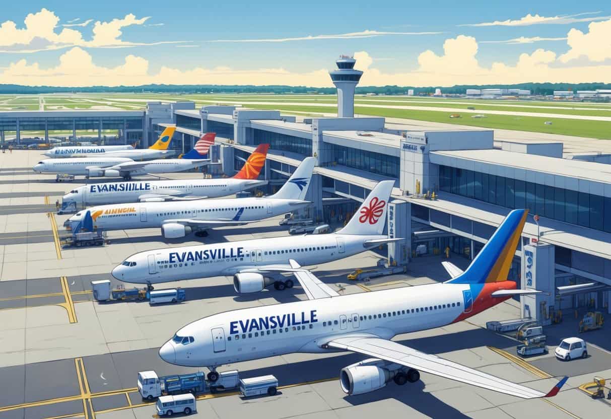An airport terminal with airplanes from various international airlines parked at gates, showing a busy international airport scene.