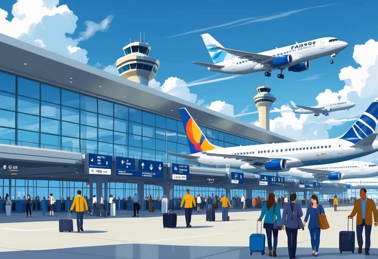 A busy international airport terminal at Fargo North Dakota with airplanes, travelers, and airport staff.