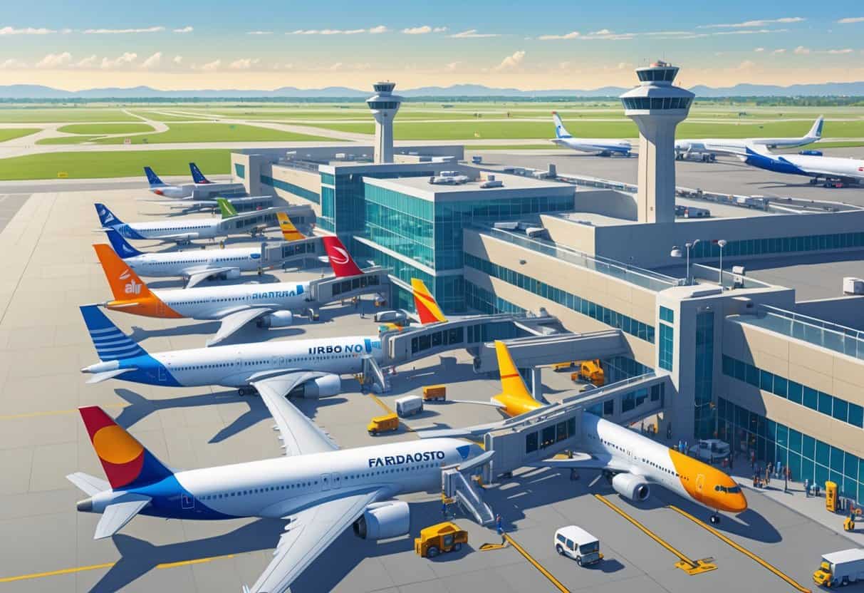 A busy airport terminal at Fargo North Dakota with multiple international airplanes parked and ground vehicles moving around.