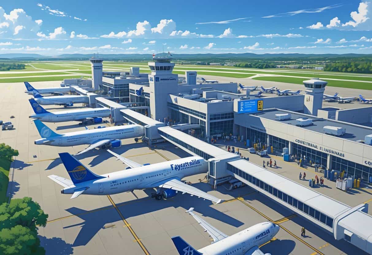 A busy international airport terminal with airplanes from various airlines parked at gates and travelers moving around the terminal.