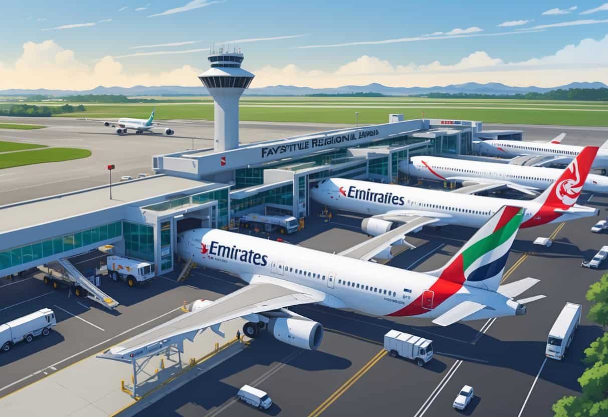 An airport terminal with multiple international airplanes parked at gates, surrounded by service vehicles and runways under a clear sky.