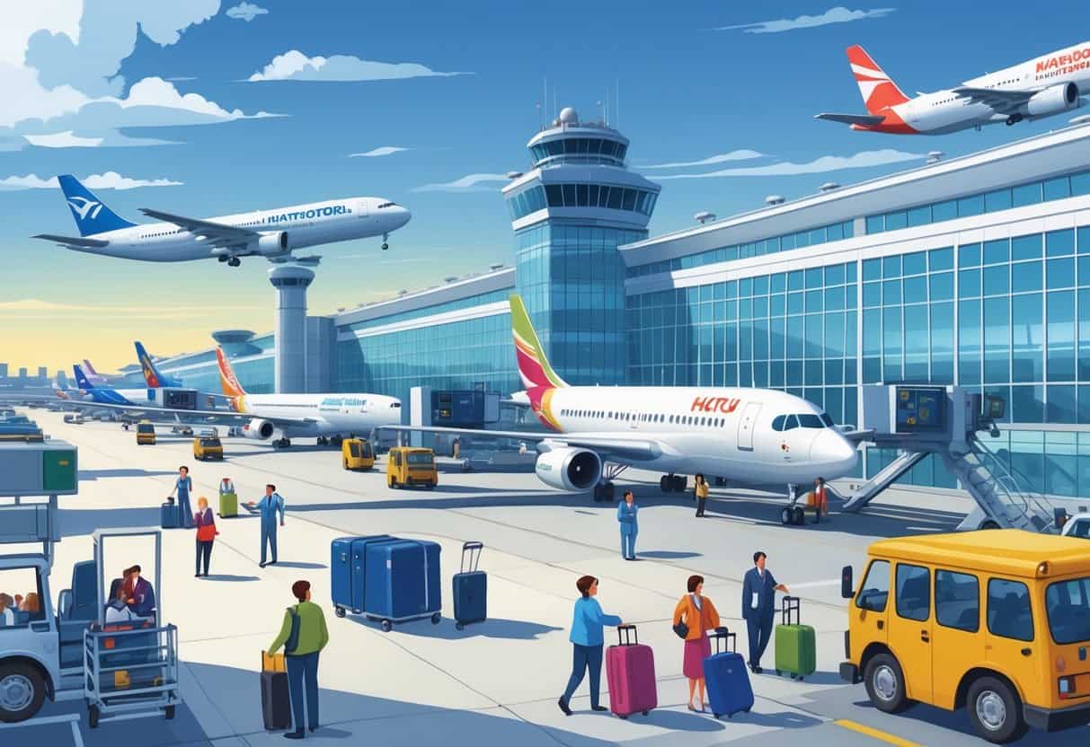 An airport terminal at Hartford Connecticut with international airplanes, travelers, staff, and ground vehicles busy around the gates.