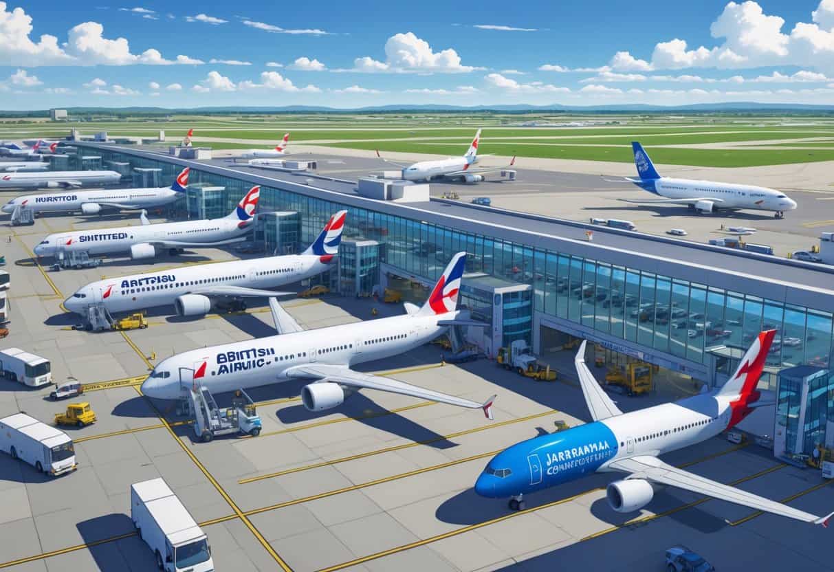 A busy international airport terminal at Hartford, Connecticut with multiple airplanes from different airlines parked at gates and ground vehicles operating nearby.
