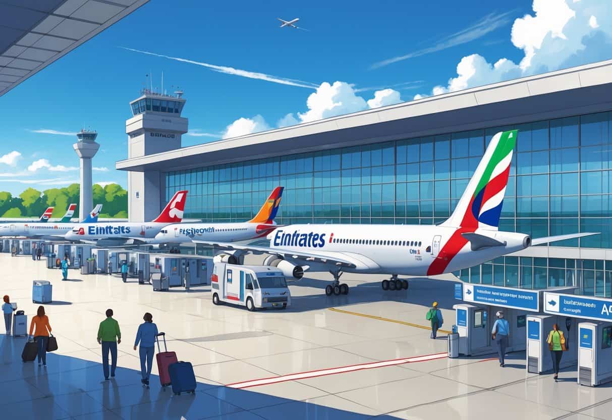 An airport terminal at Fishers Indiana with several international airplanes parked at gates and travelers walking nearby.