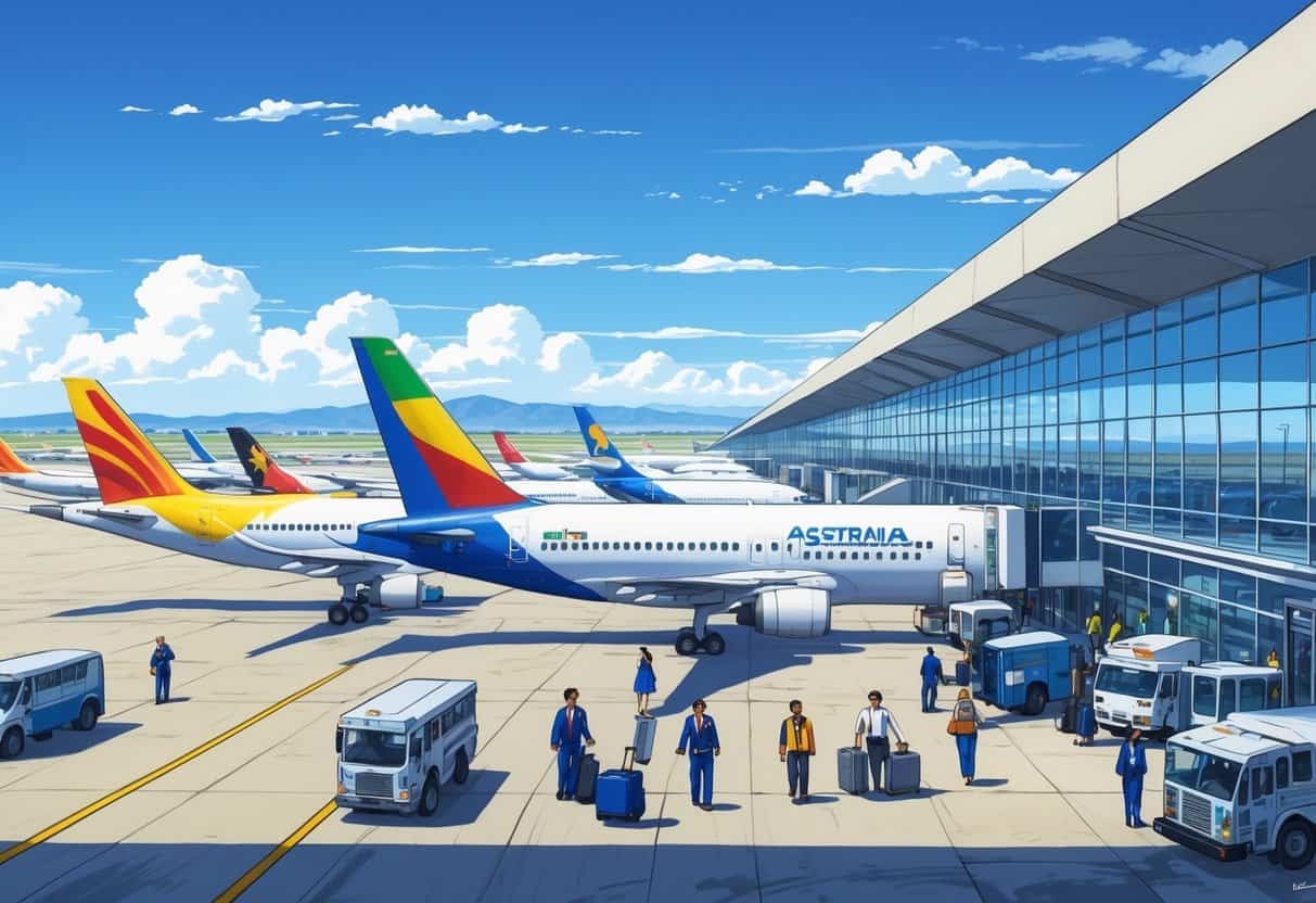 An international airport terminal at Fontana, California with airplanes from various global airlines parked at gates, ground vehicles on the tarmac, and travelers walking toward the terminal under a clear blue sky.