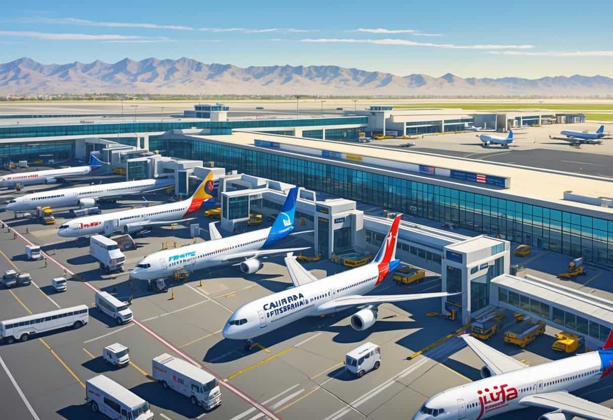 Overview of an airport terminal with multiple international airplanes parked at gates, ground vehicles servicing planes, and mountains visible in the background.