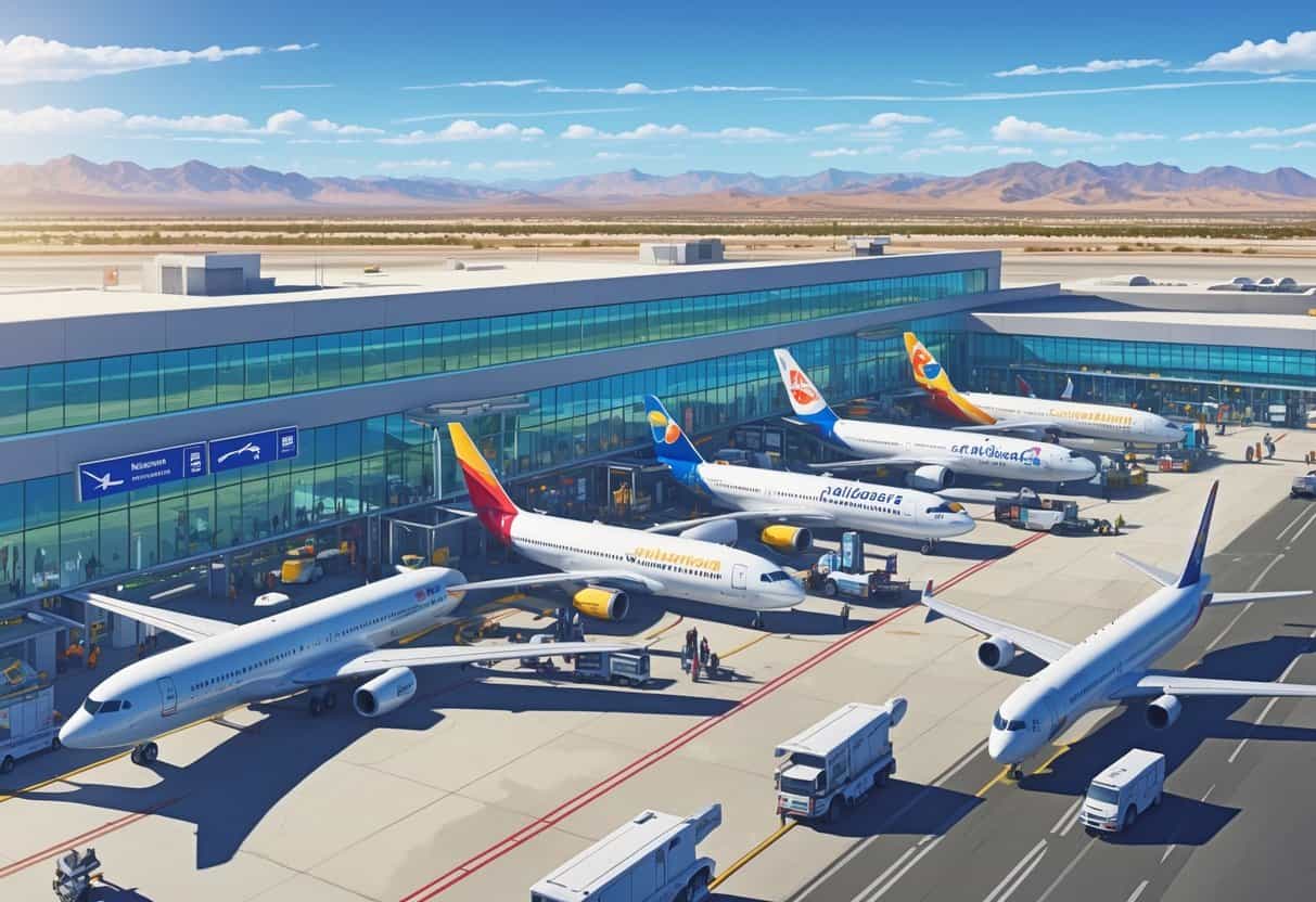 An international airport terminal at Henderson Nevada with multiple airplanes parked at gates, passengers walking, and airport vehicles operating under a clear sky with desert mountains in the background.