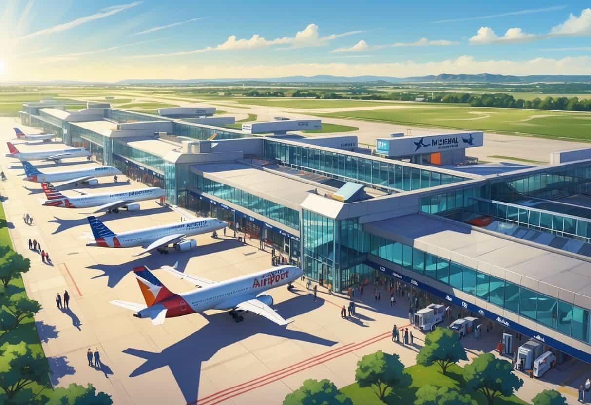 A busy international airport terminal at McKinney Texas with several airplanes from top airlines parked at gates and passengers walking inside.