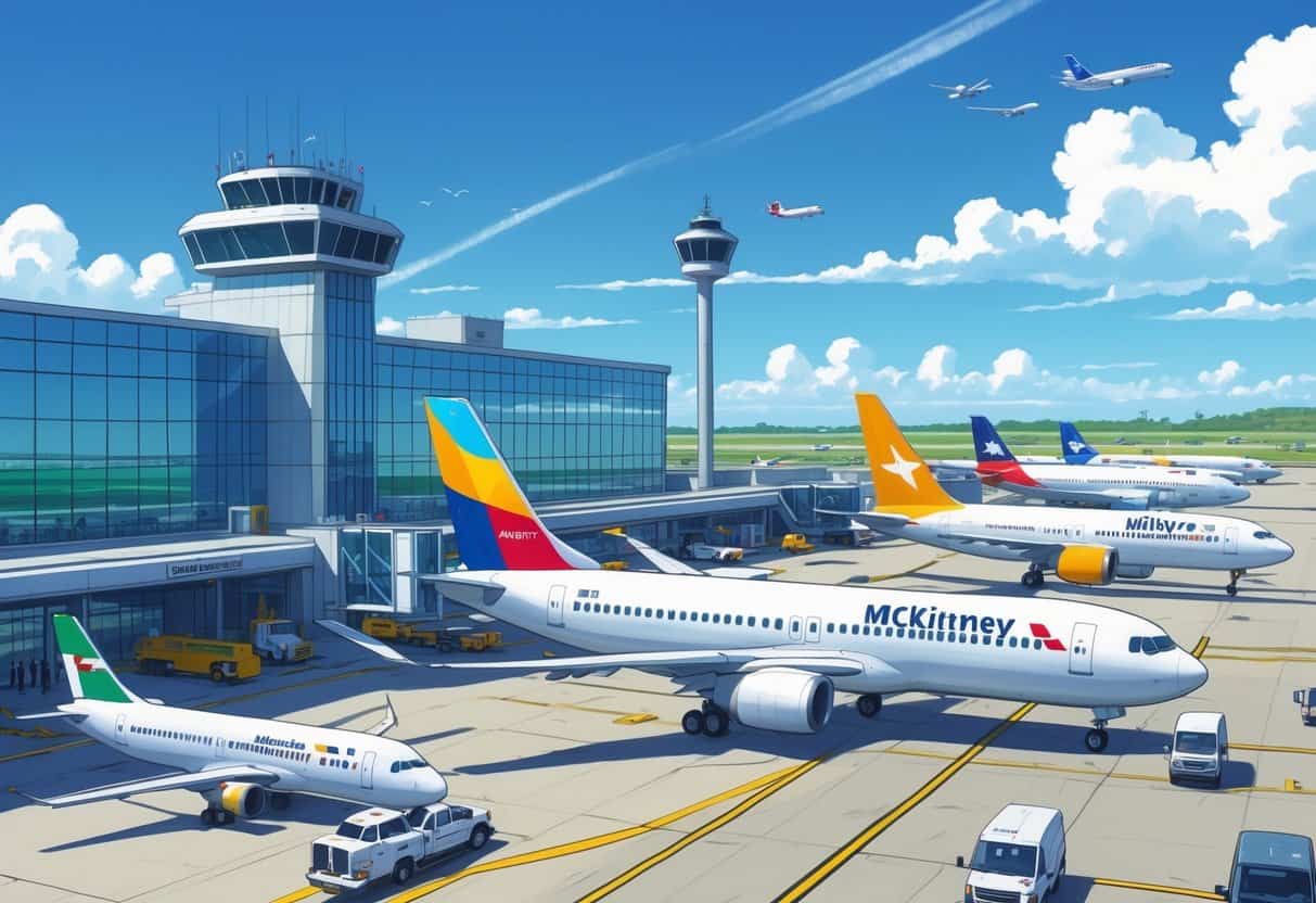 A busy airport scene at McKinney Texas Airport with multiple international airplanes parked at gates and taxiing, showing the terminal building, control tower, and surrounding landscape.