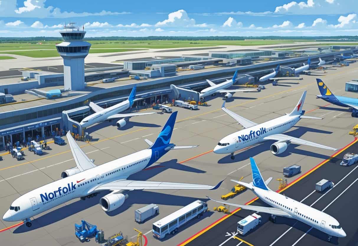 A busy airport scene at Norfolk Virginia Airport with multiple airplanes from different international airlines parked and taxiing, passengers walking, and airport staff and vehicles in operation.