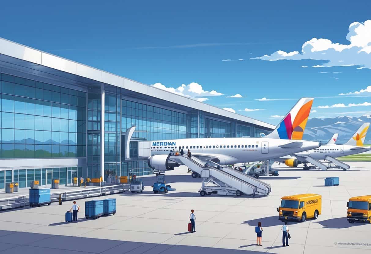 A busy Meridian Idaho Airport terminal with airplanes from various international airlines, travelers, airport staff, and service vehicles under clear skies with mountains in the background.