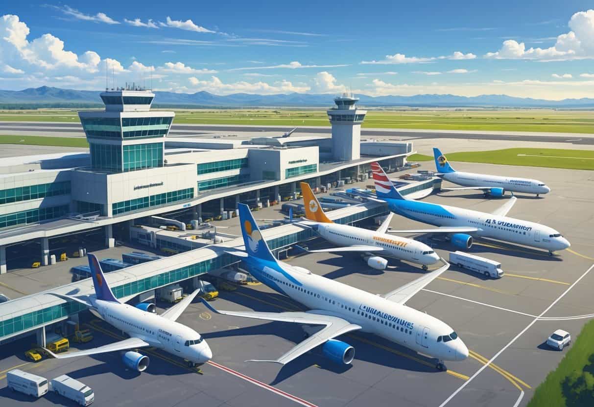 Airport terminal with multiple international airplanes parked at gates and taxiing, surrounded by mountains and green landscape.