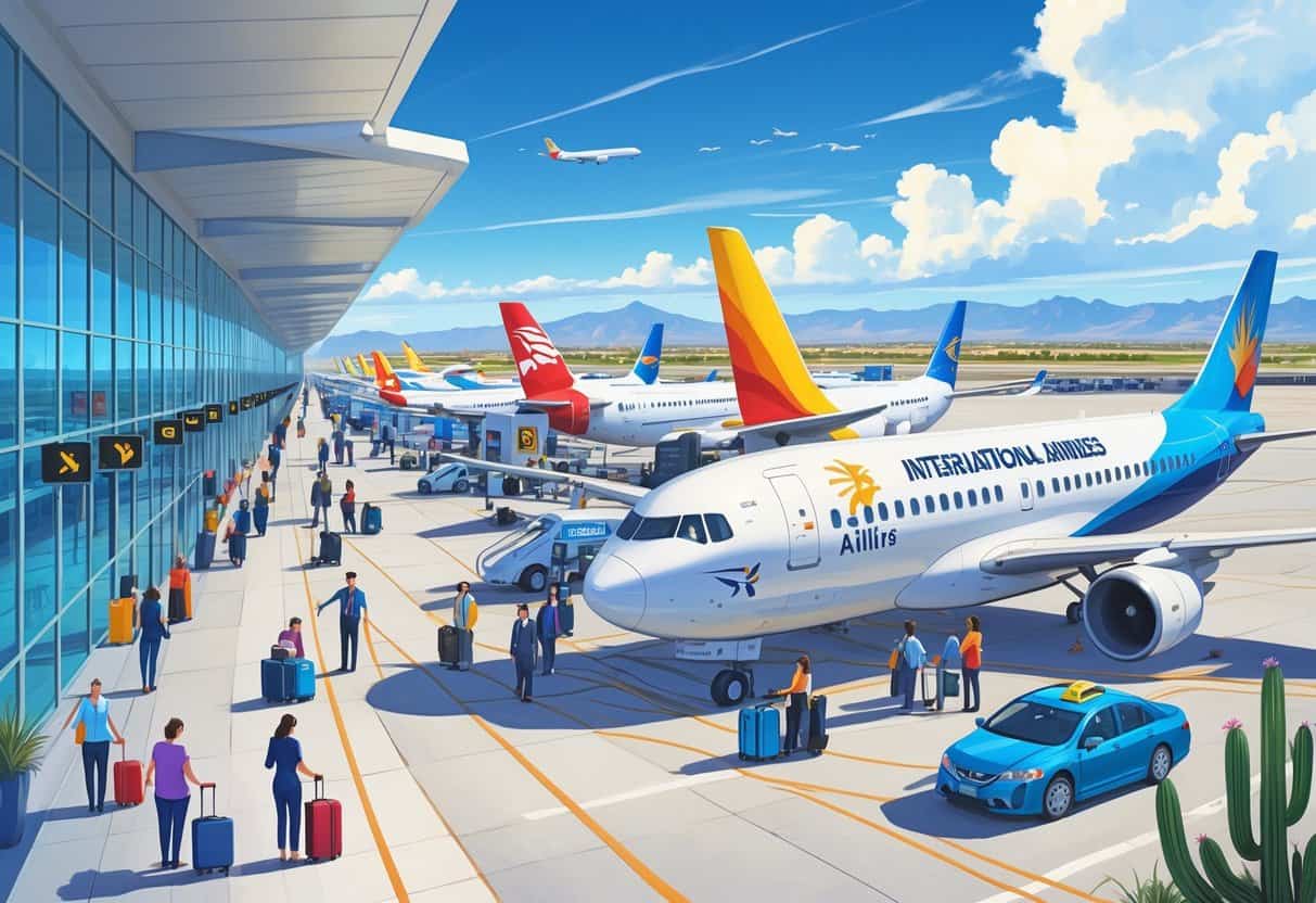 A busy airport terminal at Mesa Arizona with international airplanes parked, travelers moving around, and desert mountains in the background.