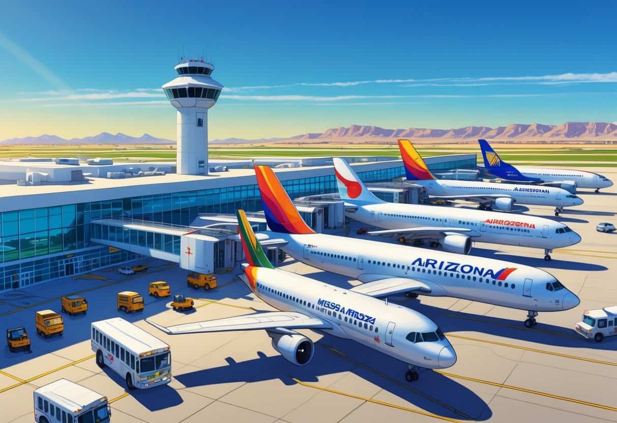 A busy airport terminal at Mesa Arizona with several international airplanes parked and ground vehicles servicing them under a clear sky and distant mountains.