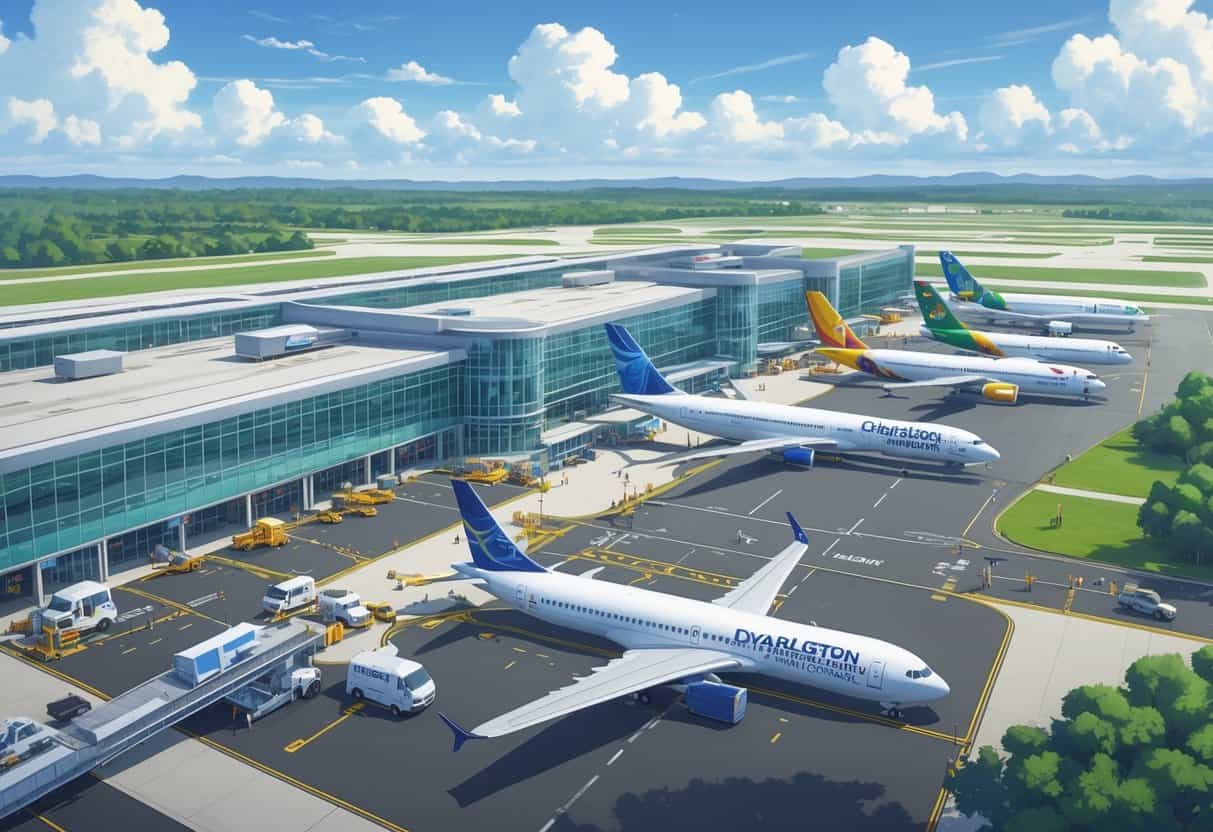 An aerial view of Charleston International Airport showing multiple international airplanes parked at gates with airport staff and vehicles on the tarmac.
