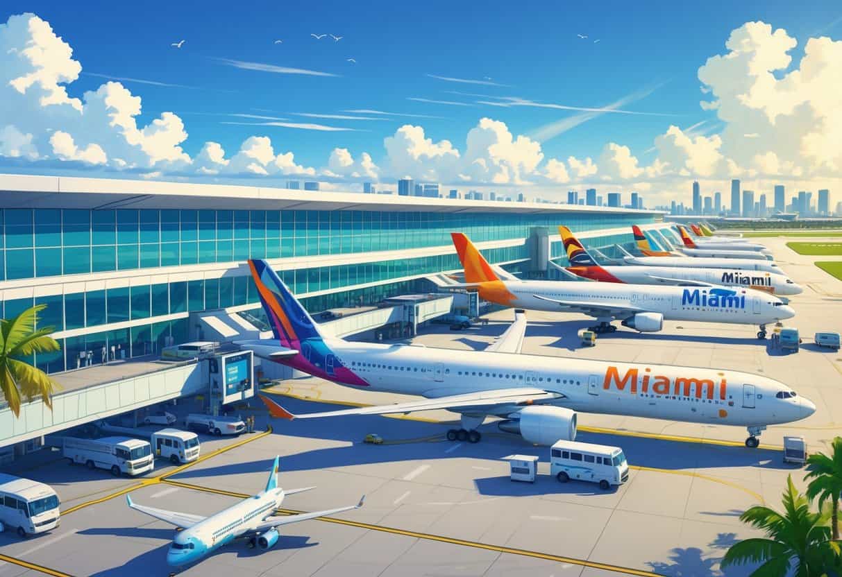Miami Florida Airport with multiple international airplanes parked at gates, airport terminal, ground vehicles, and Miami city skyline in the background.
