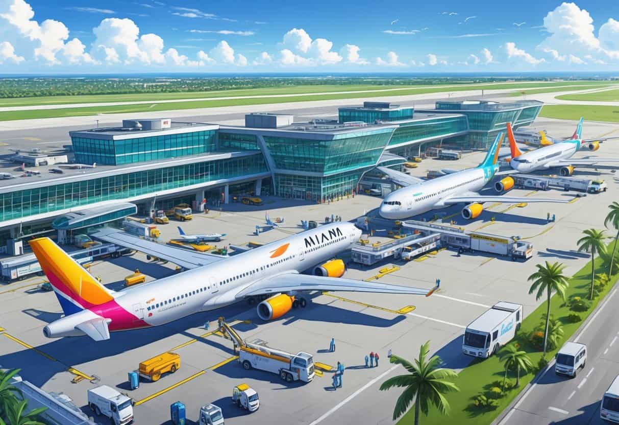 A busy international airport terminal at Miami with multiple airplanes from different airlines parked at gates, airport staff and travelers moving around, and palm trees visible in the background.