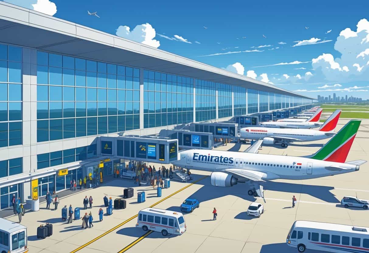 Busy international terminal at Milwaukee Wisconsin Airport with airplanes from various airlines parked at gates and passengers walking on the tarmac.
