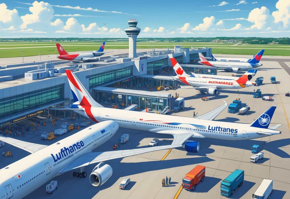 An airport terminal at Milwaukee Wisconsin Airport with several international airplanes parked at gates and passengers moving around the terminal area.