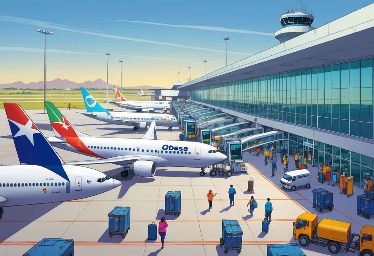An airport terminal with several international airplanes parked, passengers walking with luggage, and airport staff and vehicles working on the tarmac.