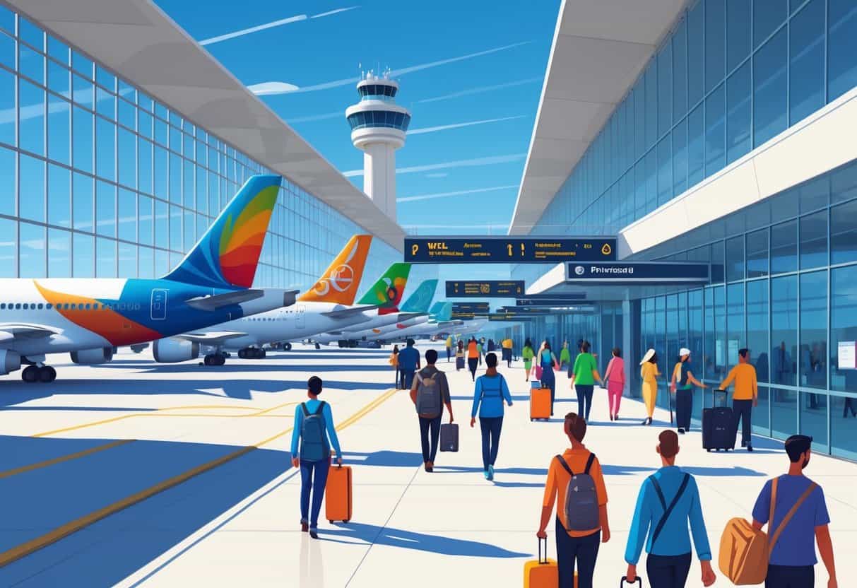 Busy airport terminal at Orlando Florida with international airplanes and passengers moving through the area.