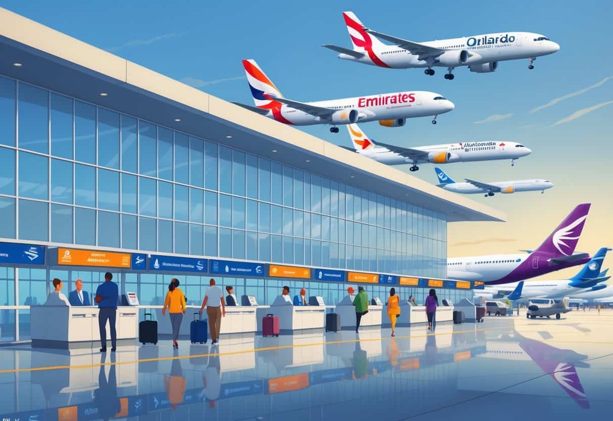 A busy airport terminal at Orlando International Airport with passengers and airplanes from major international airlines parked at gates.