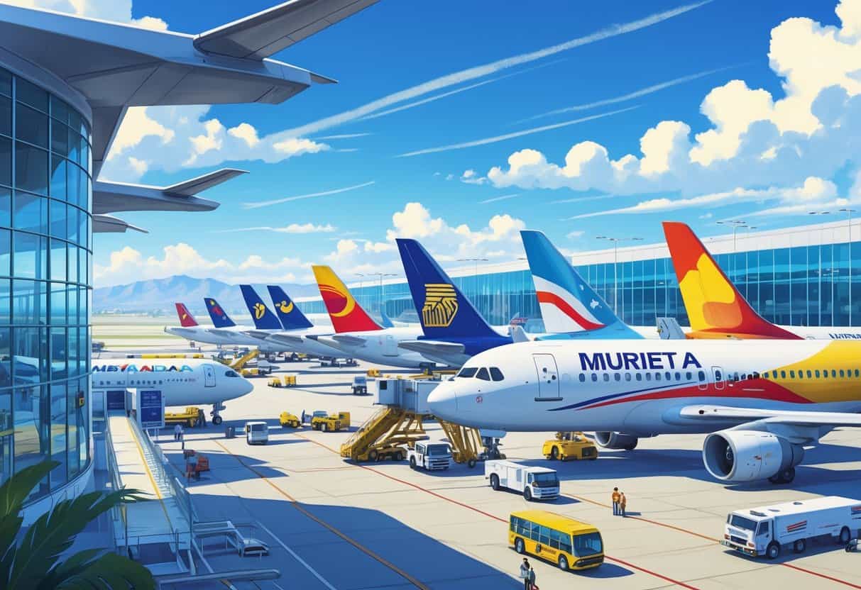 A busy airport terminal with several international airplanes parked at gates and people moving around outside under a clear sky and distant mountains.