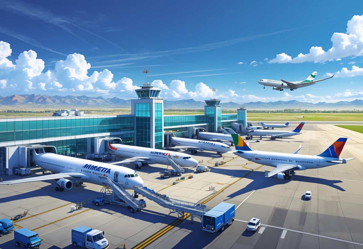 An international airport terminal with multiple airplanes from various airlines parked at gates, ground service vehicles, and planes taking off and landing, set against a clear sky and distant mountains.