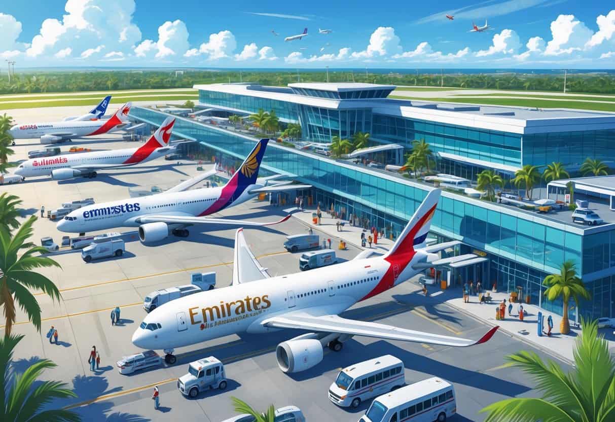 A busy international airport terminal at Palm Bay Florida with airplanes from various airlines parked at gates and travelers moving around.