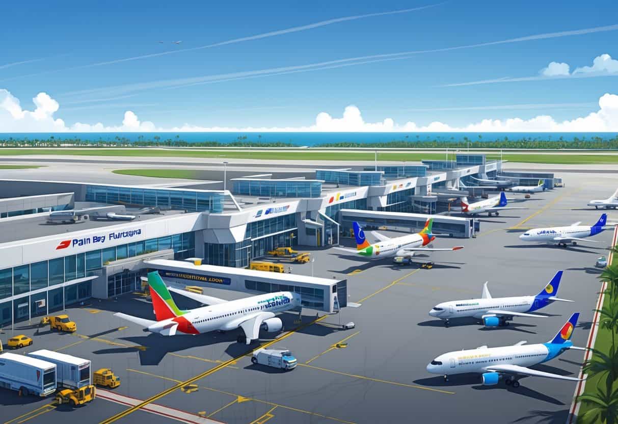 Airport terminal with multiple international airplanes parked at gates, palm trees and coastline in the background.
