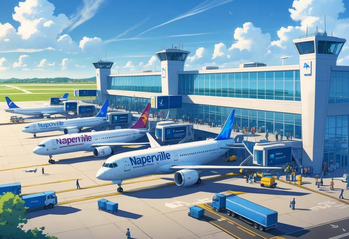 A busy international airport terminal with airplanes from various airlines parked at gates, passengers walking with luggage, and airport staff and vehicles operating near the planes.