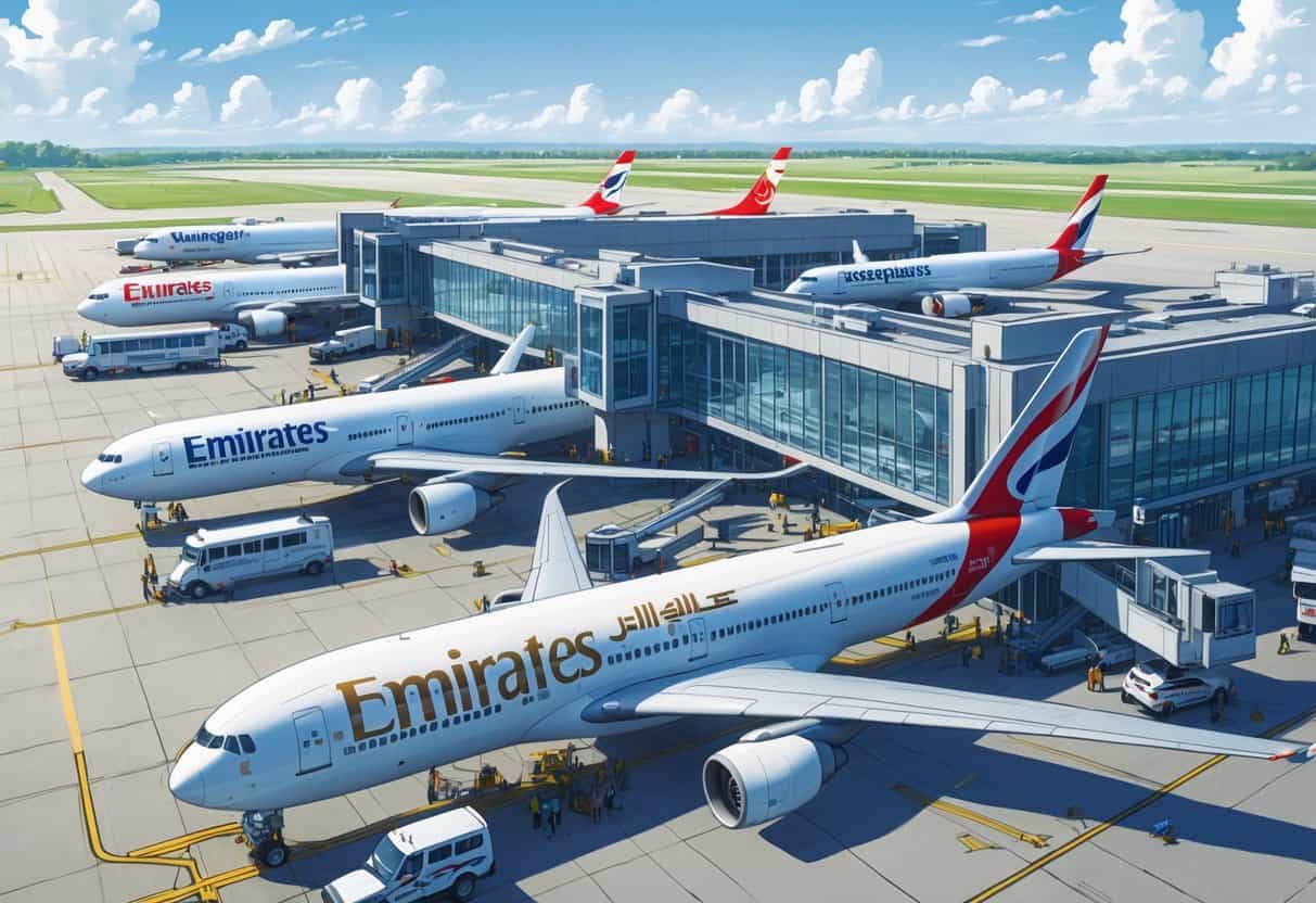 A busy airport with several international airplanes from major airlines parked at gates, passengers boarding, and airport staff working around the planes.
