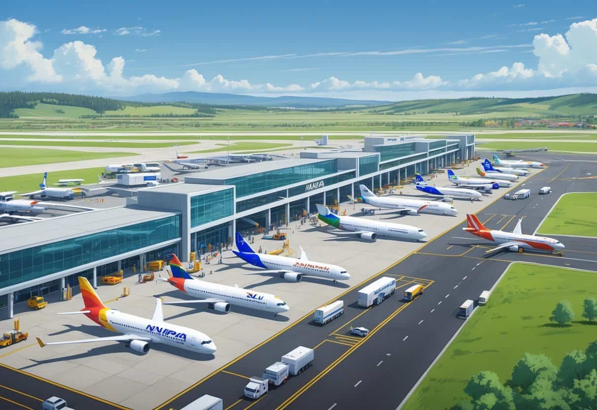 A busy airport terminal at Nampa Idaho with various international airplanes parked at gates and people moving around the tarmac.