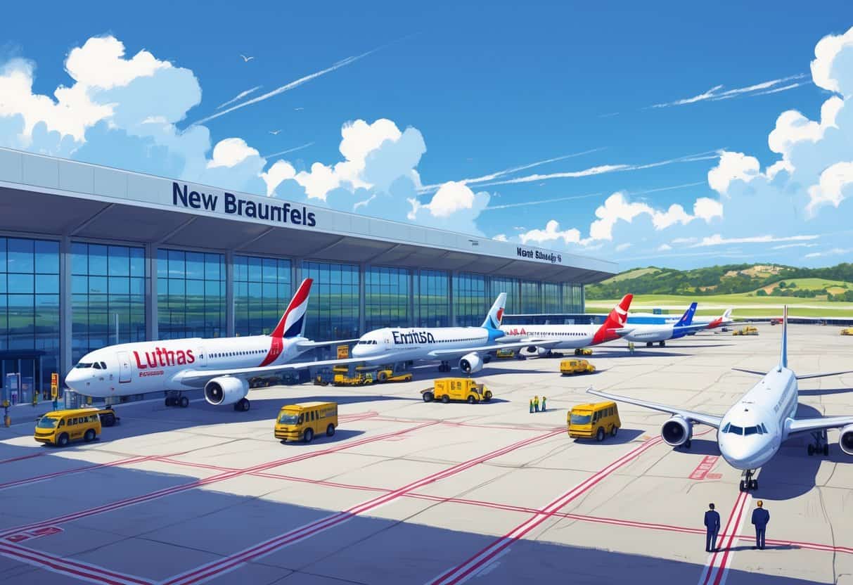 An airport terminal at New Braunfels Texas Airport with several international airplanes parked at gates, ground vehicles and staff working on the tarmac, and a clear sky with hills in the background.
