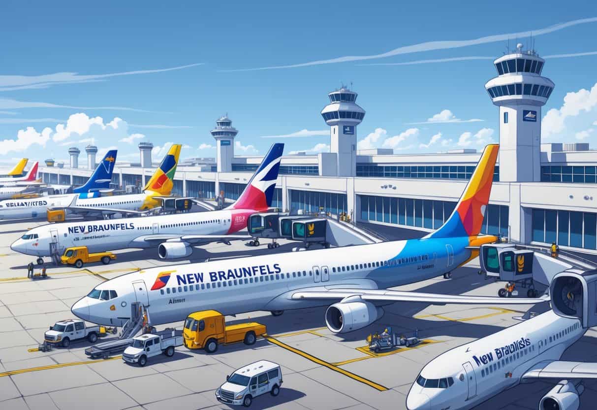 An airport scene showing multiple international airplanes parked at gates with passengers boarding and airport vehicles nearby at New Braunfels Texas Airport.