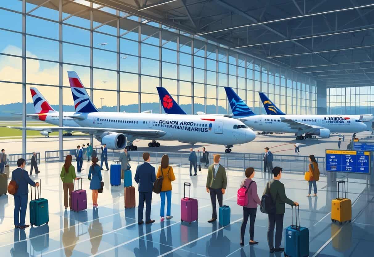 A busy airport terminal at New Bedford Massachusetts with airplanes from various international airlines parked outside and passengers moving through the terminal.