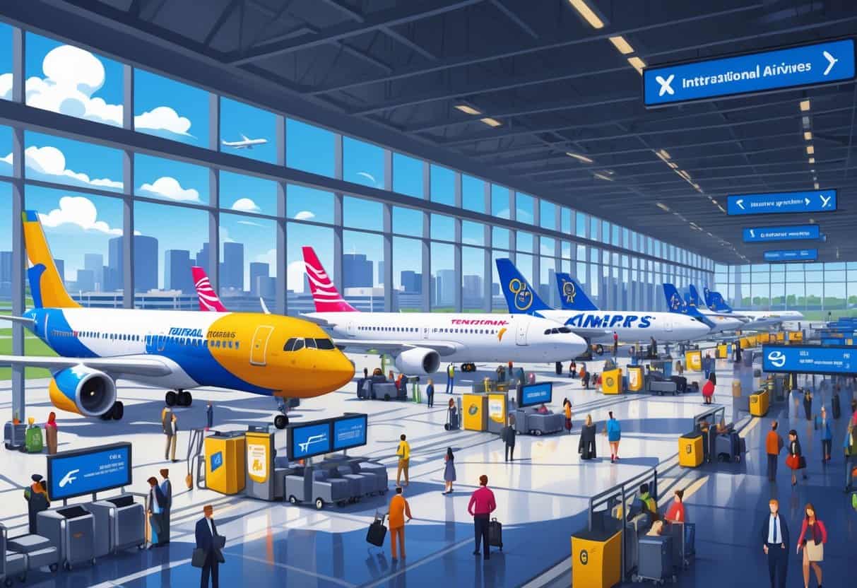 A busy airport terminal in New Orleans with airplanes from various international airlines parked at gates and travelers moving through the terminal.