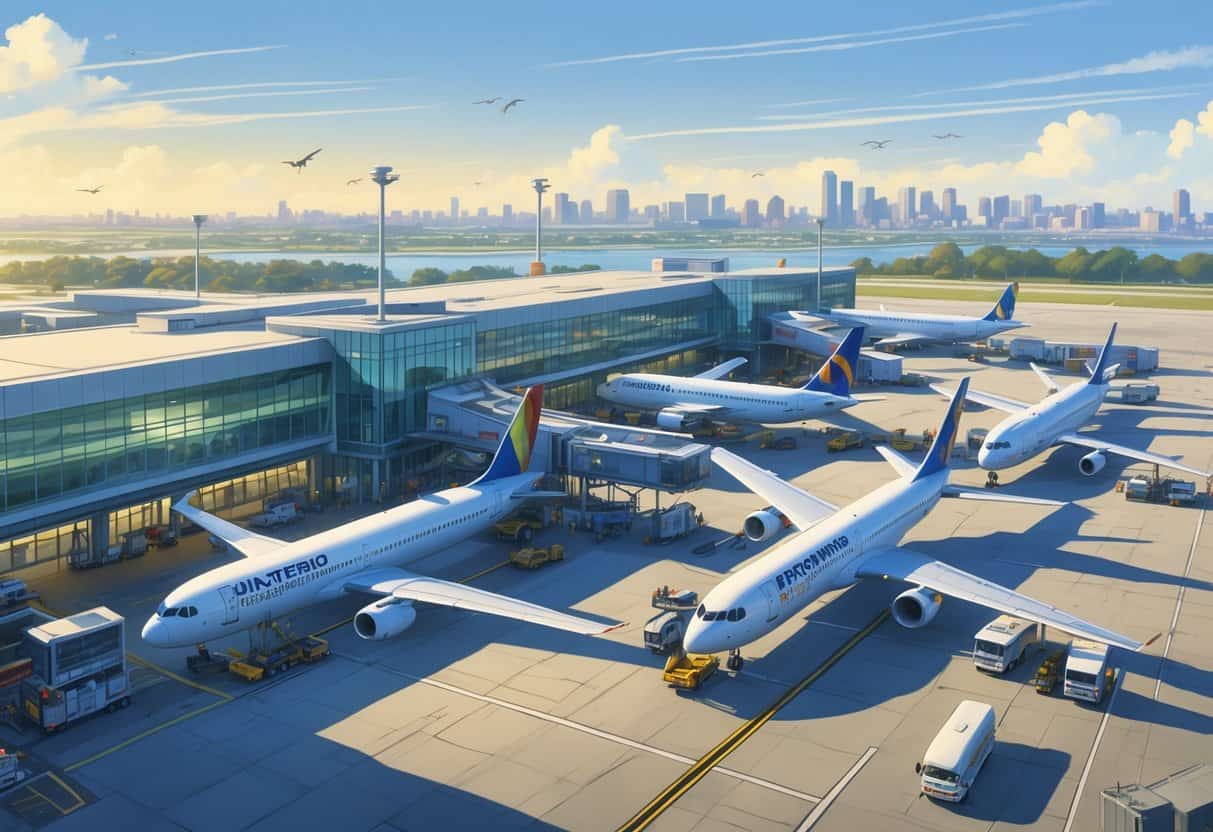 A busy airport terminal at New Orleans with several international airplanes parked at gates and ground vehicles around, with the city skyline visible in the background.