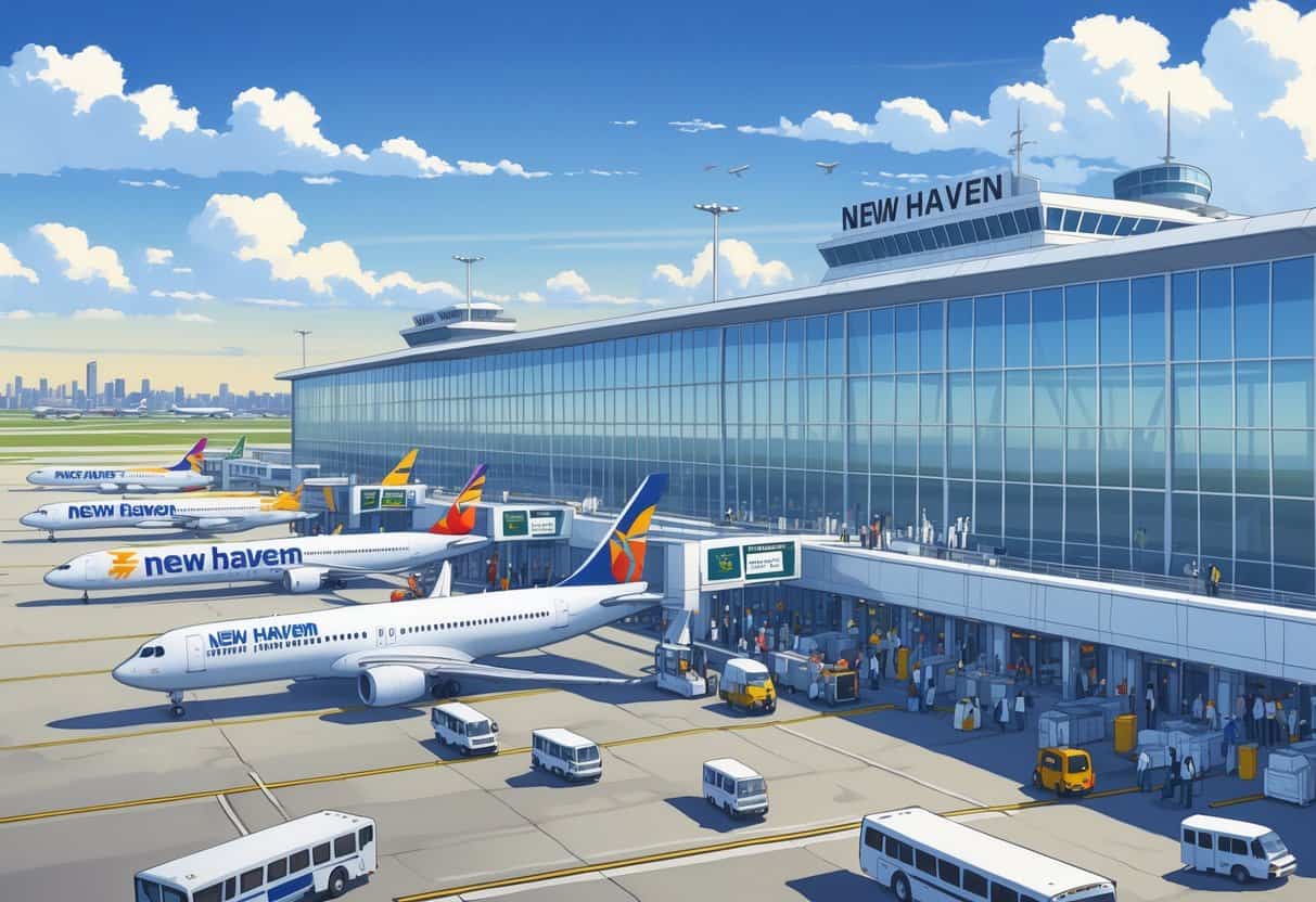 A busy international airport terminal with airplanes from various airlines parked at gates, travelers walking with luggage, and airport staff assisting passengers.
