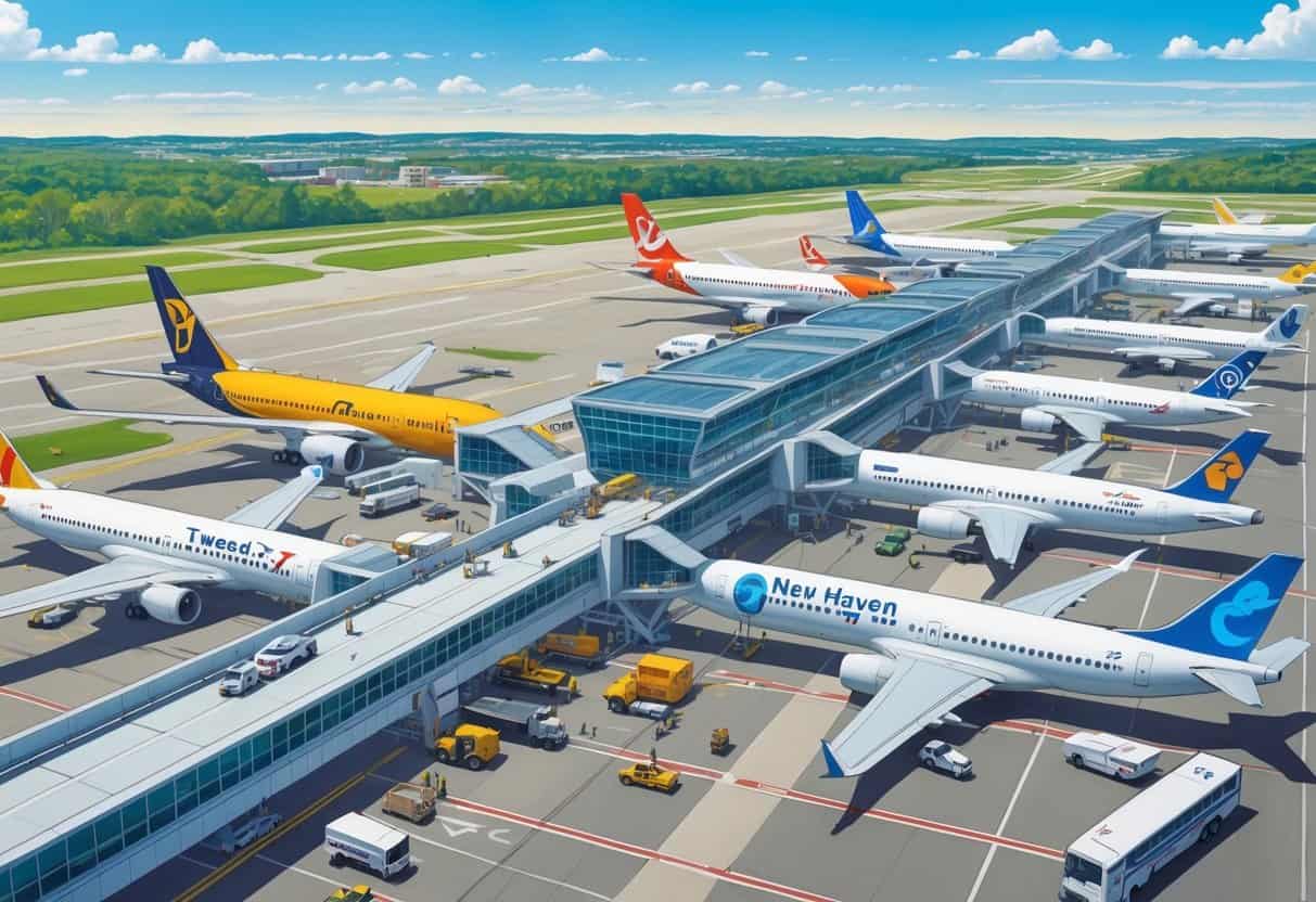 An airport terminal at Tweed-New Haven Airport with several international airplanes parked at gates and ground service vehicles around them.