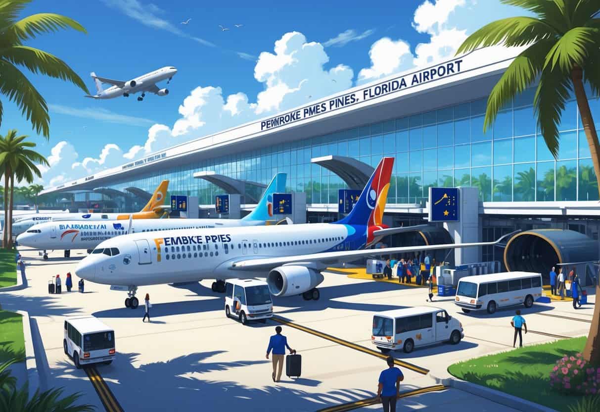A busy international airport terminal at Pembroke Pines, Florida with airplanes from various airlines, passengers, and airport staff in a sunny outdoor scene.