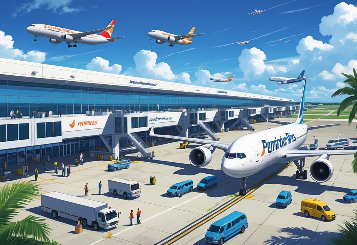 An airport terminal at Pembroke Pines Florida with multiple international airplanes at gates, passengers walking, and airport staff working under clear skies with palm trees nearby.