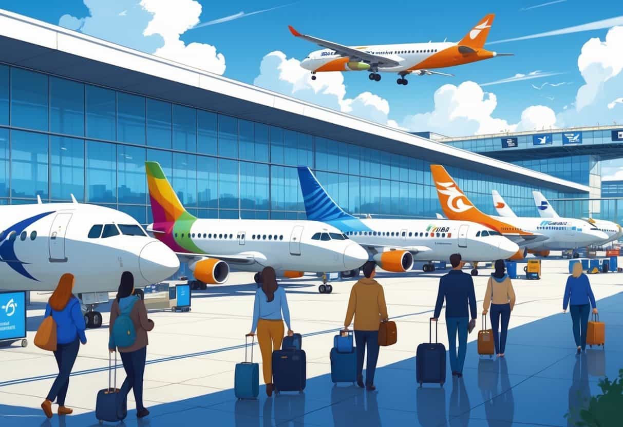 A busy airport terminal with multiple international airplanes parked at gates and travelers moving through the terminal.