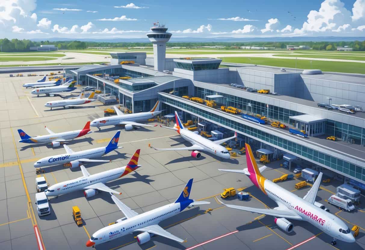 A busy airport terminal at Peoria Illinois with several international airplanes parked at gates and people moving around on the tarmac.
